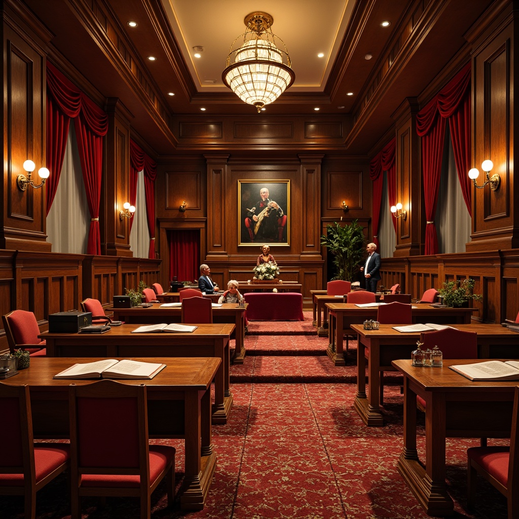 Prompt: Elegant university lecture hall, rich wood paneling, plush carpeted floors, sophisticated textile upholstery, velvet drapes, ornate chandeliers, classic wooden desks, leather-bound tomes, refined color palette, warm golden lighting, shallow depth of field, 2/3 composition, symmetrical framing, realistic fabric textures, subtle ambient occlusion.