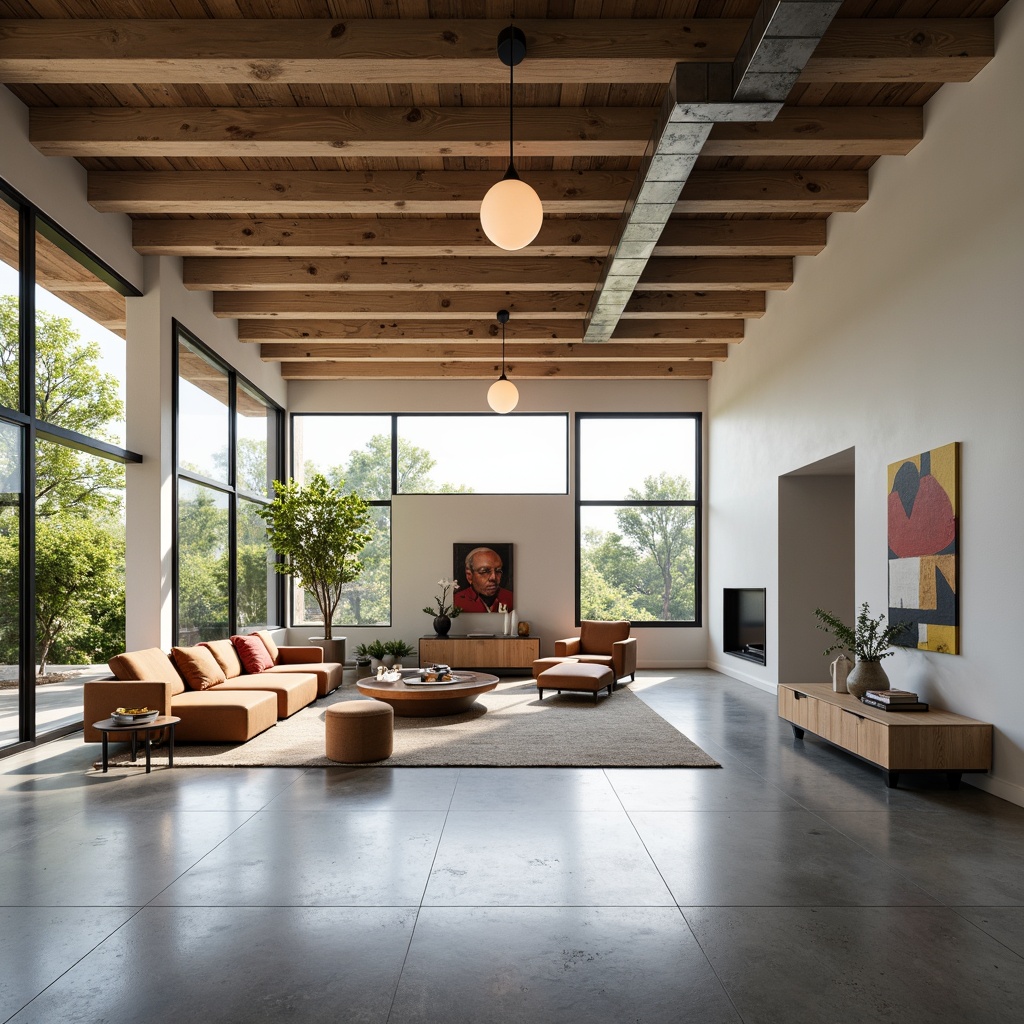 Prompt: Minimalist living space, open floor plan, industrial chic aesthetic, exposed ductwork, polished concrete floors, large windows, sliding glass doors, functional furniture, geometric shapes, primary color accents, sleek metal fixtures, minimalist decor, abundant natural light, soft warm glow, shallow depth of field, 3/4 composition, panoramic view, realistic textures, ambient occlusion, Bauhaus-inspired architecture, clean lines, rectangular forms, functional simplicity.