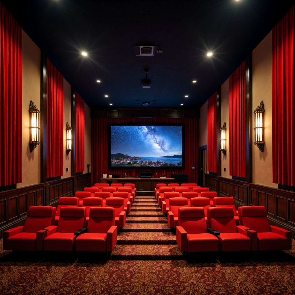 Prompt: Vibrant cinema interior, bold red curtains, luxurious gold accents, dark wood paneling, plush velvet seats, rich brown carpeting, cinematic lighting, dramatic spotlights, intimate atmosphere, cozy corners, warm beige walls, deep blue ceiling, starry night sky projection, 3D immersive experience, realistic textures, ambient occlusion.