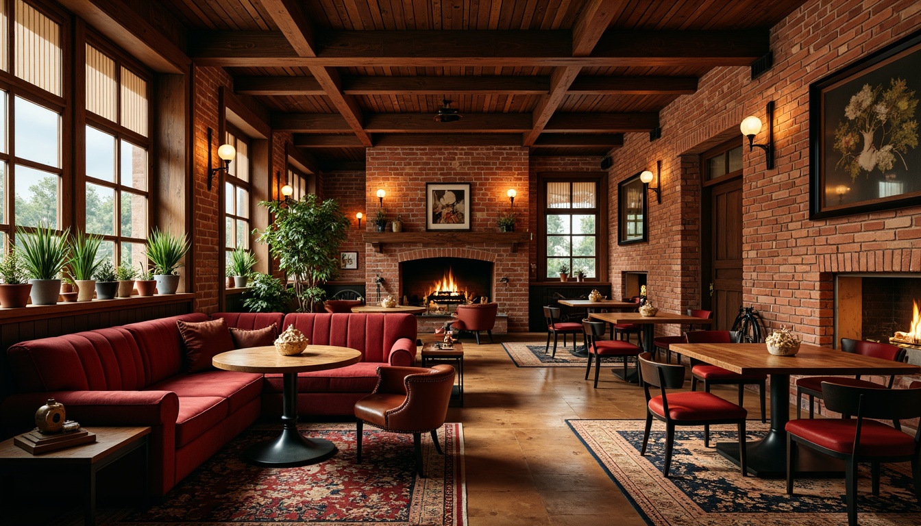 Prompt: Rich wood accents, rustic brick walls, polished copper pipes, velvet upholstery, reclaimed wooden tables, industrial metal chairs, warm dim lighting, cozy fireplaces, natural stone flooring, earthy color palette, luxurious fabrics, plush carpets, vintage decorative items, distressed finishes, eclectic artwork, lively atmosphere, soft background music, inviting ambiance, 1/2 composition, shallow depth of field, realistic textures, ambient occlusion.