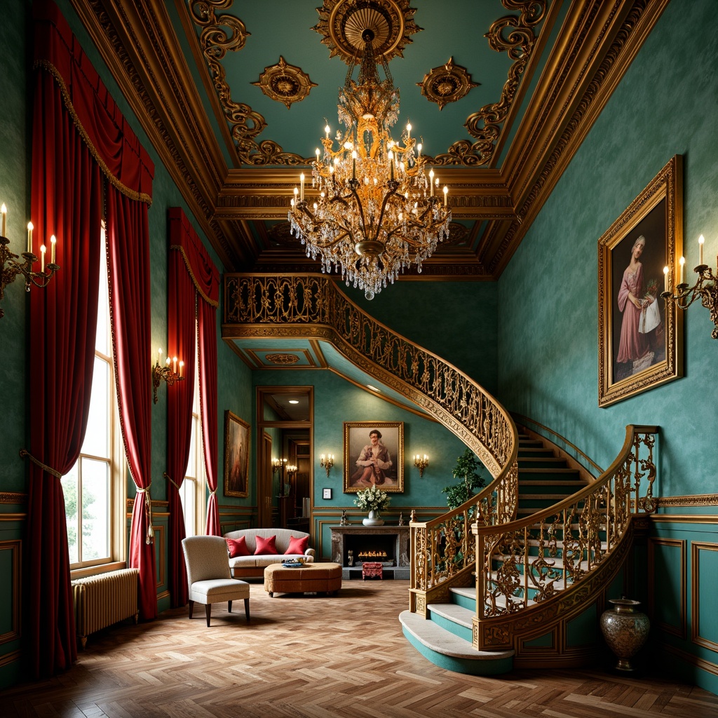 Prompt: Richly ornate chandeliers, luxurious velvet drapes, intricately patterned wooden floors, grandiose curved staircases, opulent golden accents, jewel-toned emerald green walls, lavish turquoise ceilings, ornamental metalwork, flowing organic lines, whimsical botanical motifs, soft warm candlelight, 1/2 composition, shallow depth of field, romantic warm color palette, vintage distressed textures, subtle gradient effects.