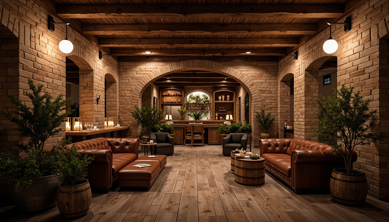 Prompt: Rustic wine cellar, eclectic decor, wooden wine crates, dimmed lighting, stone walls, brick arches, reclaimed wood flooring, distressed metal accents, earthy color palette, warm candlelight, cozy seating areas, rich leather upholstery, vintage wine barrels, ornate metalwork, natural stone pathways, rustic wooden beams, ambient shadows, low-angle photography, shallow depth of field, 2/3 composition.