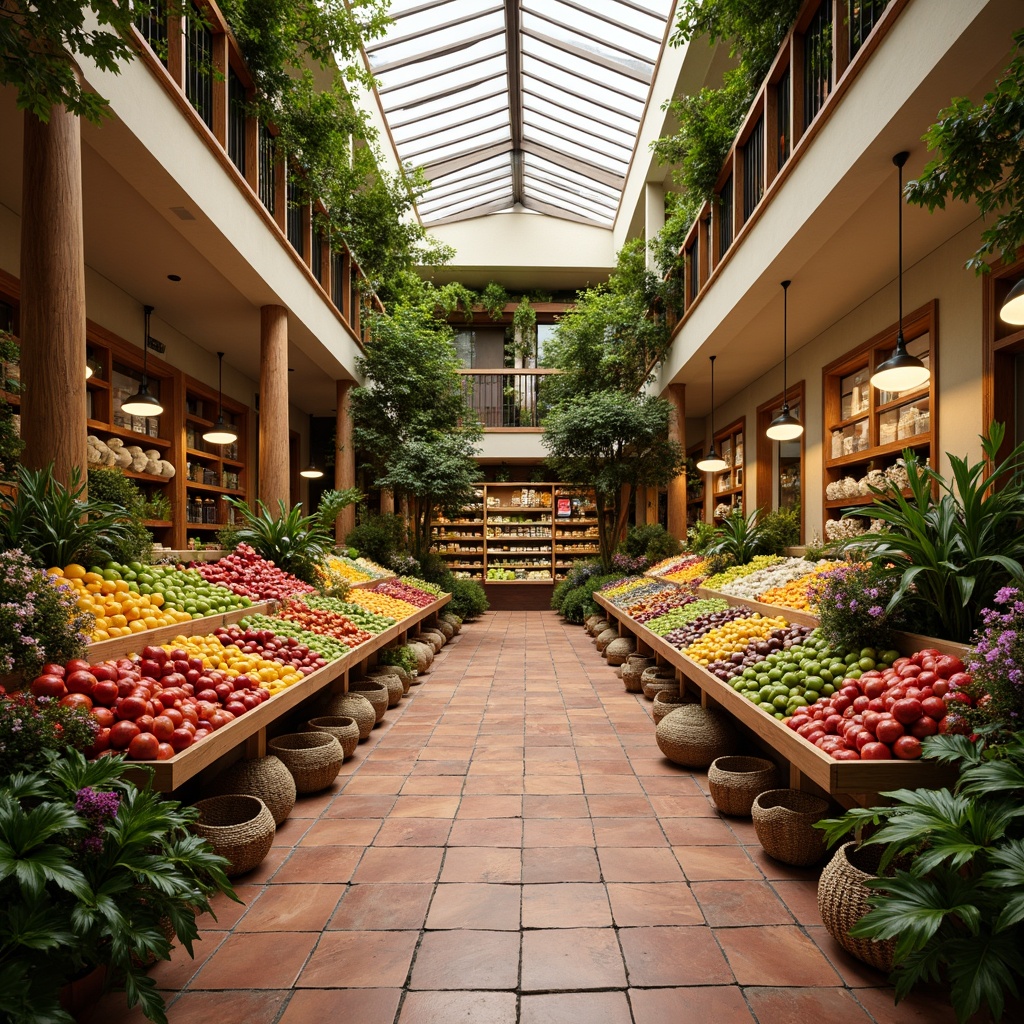 Prompt: Vibrant tropical grocery store, exotic fruit stands, colorful ceramic tiles, terracotta flooring, warm beige walls, natural wood accents, woven rattan baskets, lush greenery, flowering plants, overhead skylights, soft warm lighting, 1/2 composition, realistic textures, ambient occlusion.