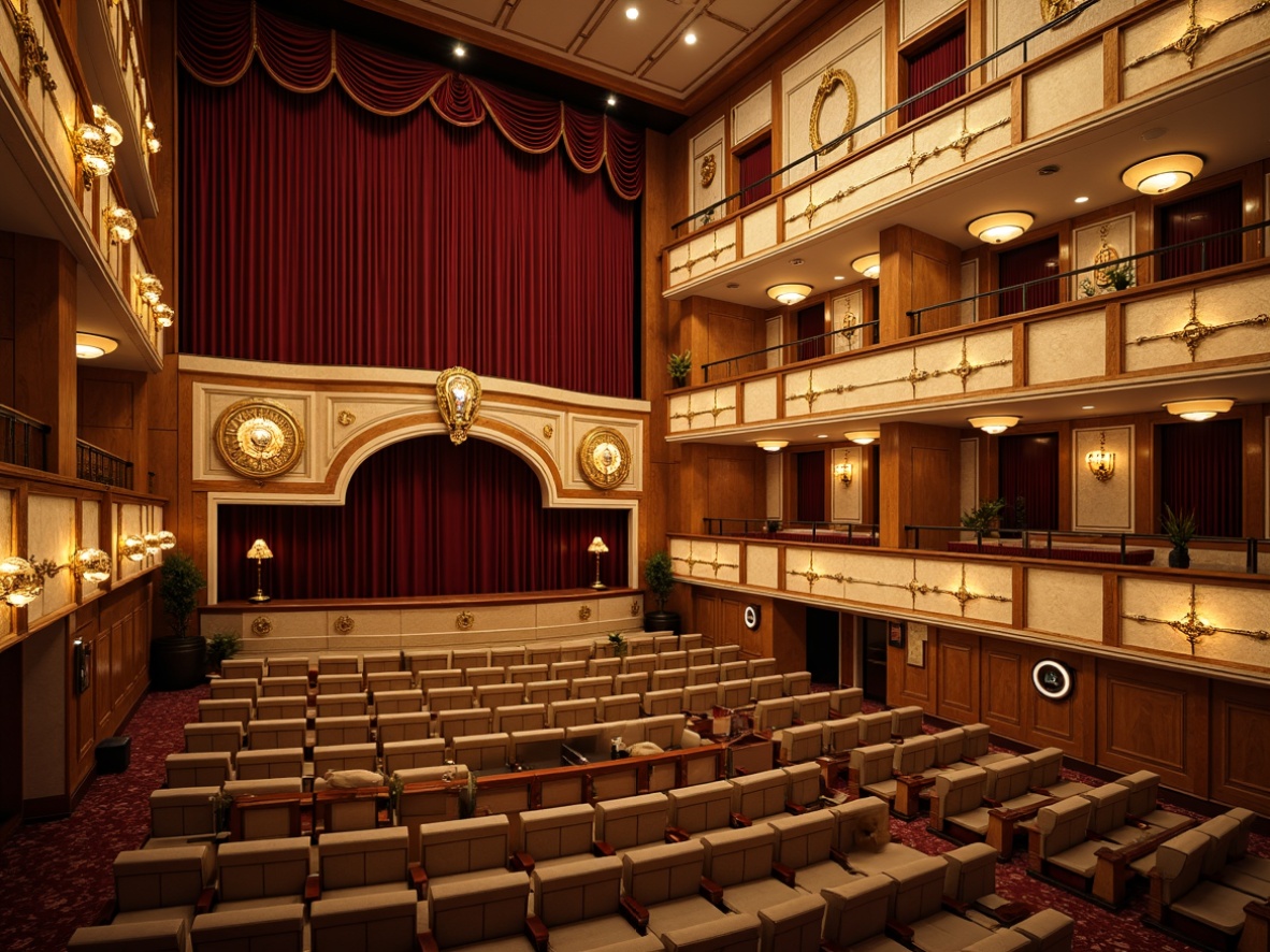 Prompt: Luxurious auditorium, ornate Art Deco details, rich wood accents, velvet curtains, golden lighting fixtures, intricate geometric patterns, lavish upholstery, acoustic panels with ornamental frames, sound-absorbing materials, warm beige colors, high ceilings, grand chandeliers, dramatic stage lighting, plush seating, elegant balconies, sophisticated ambiance, soft focus, 1/2 composition, realistic textures, ambient occlusion.