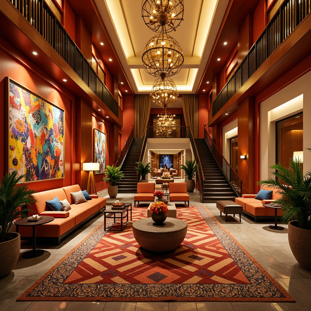 Prompt: Vibrant hotel lobby, bold warm colors, rich wood accents, luxurious furnishings, abstract expressionist artwork, eclectic decor, dynamic lighting fixtures, grand staircase, elegant chandeliers, lavish drapery, plush carpets, statement walls, tropical plants, exotic patterns, Moroccan-inspired tiles, warm golden lighting, shallow depth of field, 1/1 composition, realistic textures, ambient occlusion.