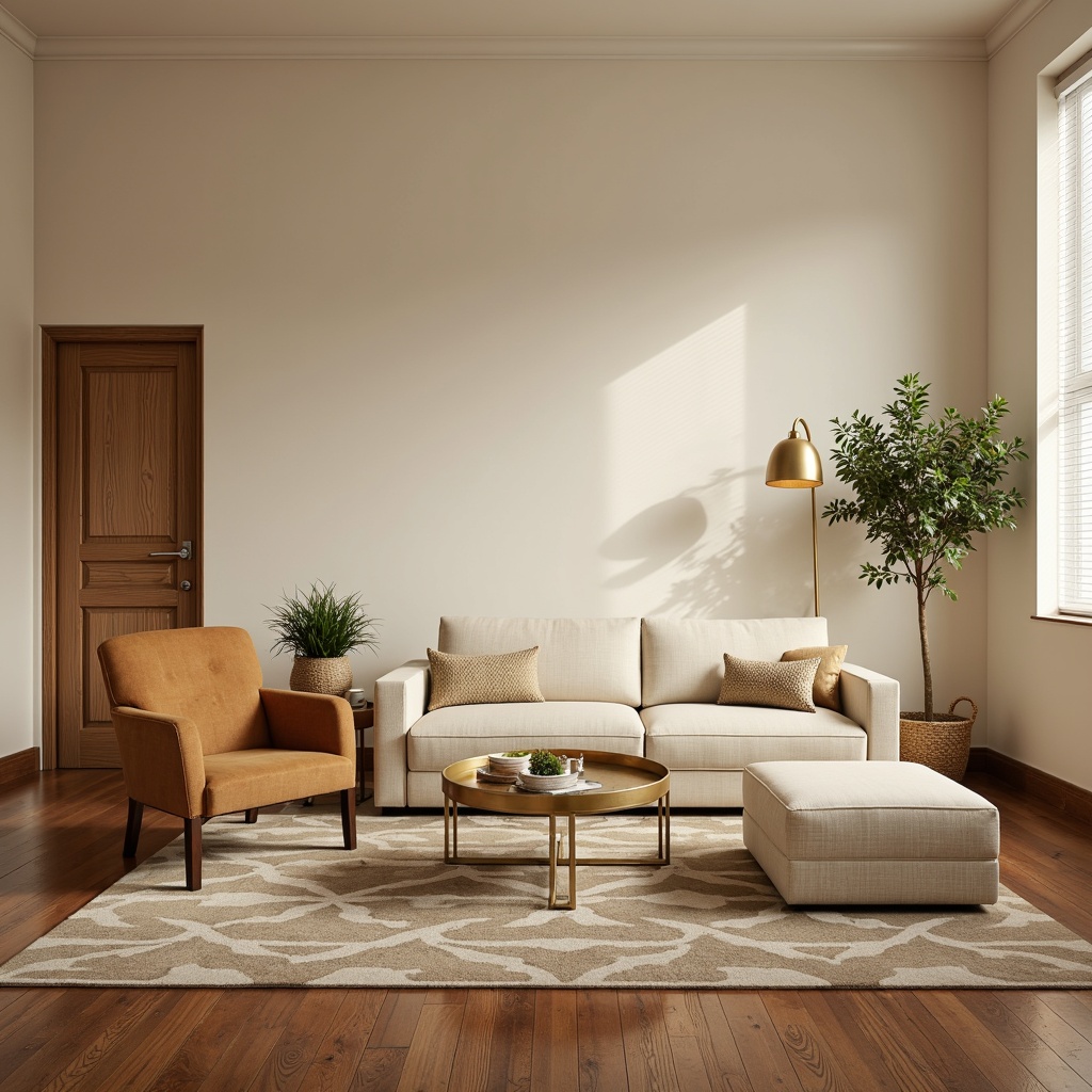 Prompt: Minimalist living room, warm beige walls, polished wooden floors, soft cream-colored sofa, velvet armchair, geometric patterned rug, brass coffee table, minimalist lamp, natural textiles, woven baskets, greenery plants, ambient lighting, shallow depth of field, 1/1 composition, realistic textures, subtle color palette, cozy atmosphere.