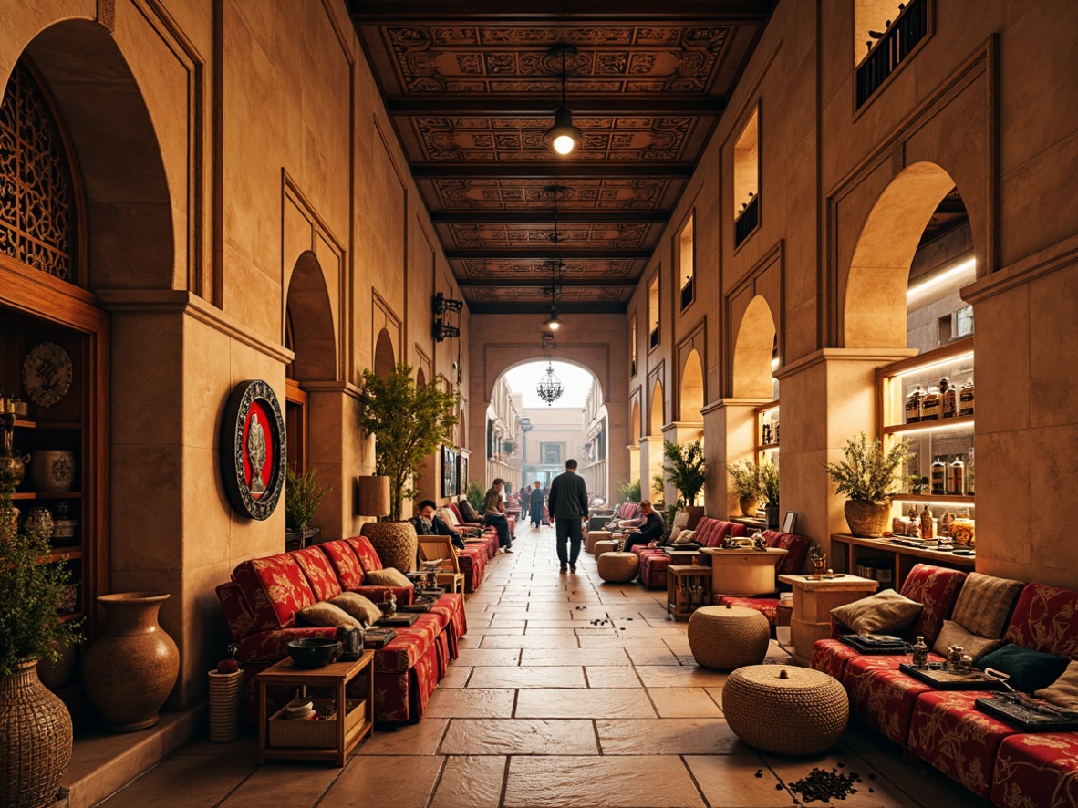 Prompt: Vibrant marketplace, traditional Middle Eastern architecture, ornate Islamic patterns, warm beige stone walls, intricately carved wooden accents, colorful textiles, plush cushions, rustic clay pottery, woven baskets, exotic spices, aromatic incense, soft warm lighting, shallow depth of field, 1/1 composition, realistic textures, ambient occlusion, bustling atmosphere, lively vendors, traditional clothing, vibrant souk colors.