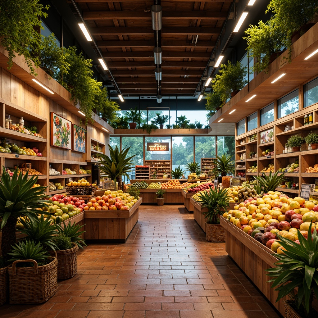 Prompt: Vibrant tropical grocery store, exotic fruit stands, wooden crates, woven baskets, colorful ceramic tiles, earthy terracotta flooring, natural stone accents, polished concrete surfaces, stainless steel shelves, neon signage, warm ambient lighting, soft focus, shallow depth of field, 1/2 composition, realistic textures, subtle reflections.