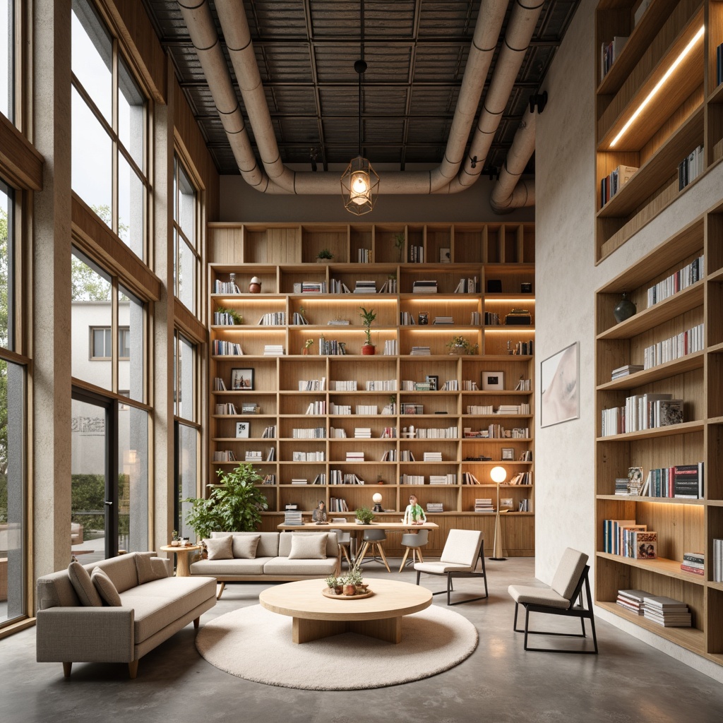 Prompt: Minimalist bookstore interior, sleek wooden shelves, sparse book arrangements, neutral color palette, natural light pouring in, Scandinavian-inspired design, industrial metal beams, polished concrete floors, geometric-shaped decorative lights, cozy reading nooks, comfortable sofas, warm beige tones, subtle texture variations, shallow depth of field, 1/1 composition, softbox lighting, realistic wood grain textures, ambient occlusion.