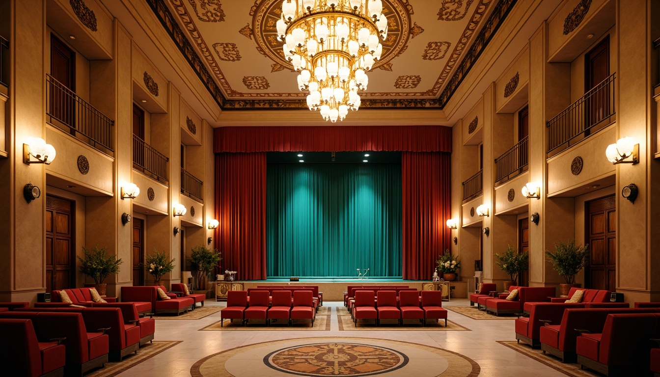 Prompt: Luxurious art deco auditorium, rich velvet curtains, golden ornate details, lavish chandeliers, sophisticated warm beige walls, ornamental metalwork, elegant geometric patterns, vibrant turquoise accents, opulent crimson seating, polished marble floors, dramatic spotlights, soft warm glow, 1/2 composition, shallow depth of field, cinematic atmosphere.