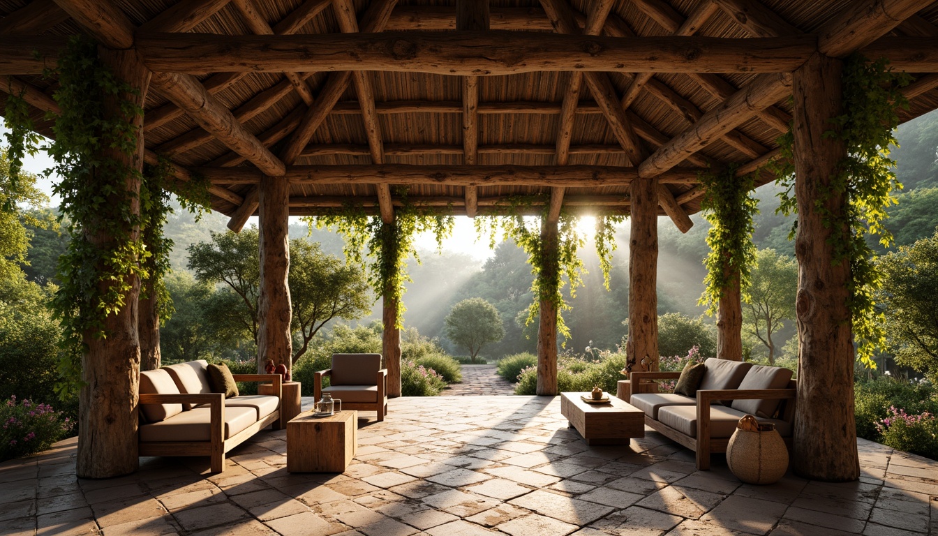 Prompt: Rustic pavilion, natural stone walls, wooden beams, earthy tones, woven thatch roof, vines crawling up columns, moss-covered floors, distressed wood furniture, lantern-style lighting, candlelit ambiance, misty morning atmosphere, soft warm sunlight, shallow depth of field, 3/4 composition, panoramic view, realistic textures, ambient occlusion.