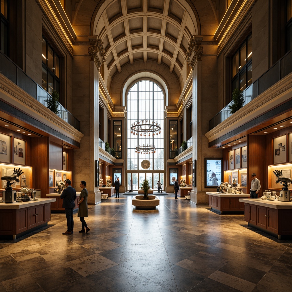 Prompt: Elegant science center, grandiose entrance, ornate columns, intricate carvings, polished marble floors, high ceilings, sweeping arches, dramatic chandeliers, classicist fa\u00e7ade, symmetrical composition, subtle color palette, muted earth tones, warm golden lighting, shallow depth of field, 1/2 composition, realistic textures, ambient occlusion, futuristic laboratory equipment, sleek metallic surfaces, advanced microscopes, state-of-the-art technology, collaborative workspaces, interactive exhibits, educational displays.