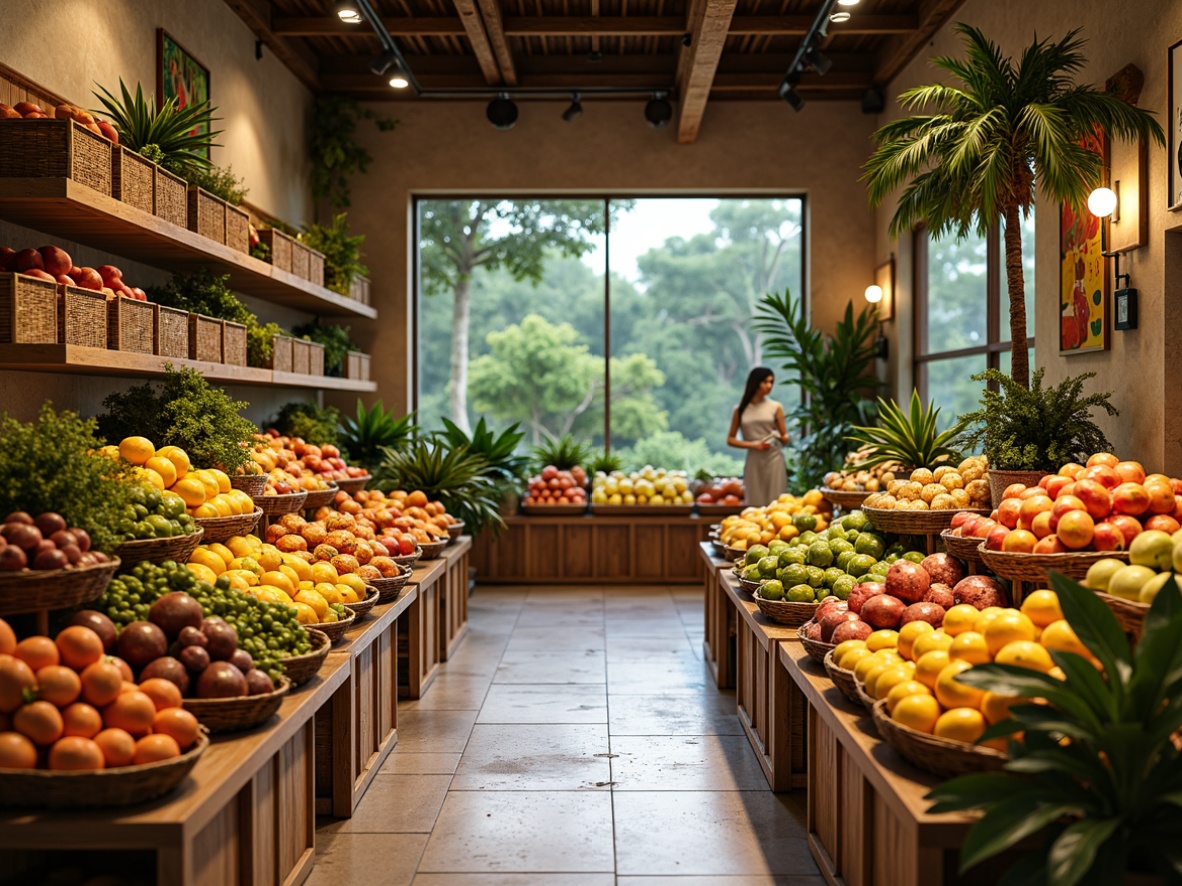 Prompt: Vibrant tropical grocery store, exotic fruit stands, colorful ceramic tiles, polished concrete floors, natural stone accents, woven bamboo shelves, rattan baskets, lush greenery, palm tree decorations, warm beige walls, earthy tone wood crates, abundant natural light, soft warm lighting, shallow depth of field, 3/4 composition, realistic textures, ambient occlusion.