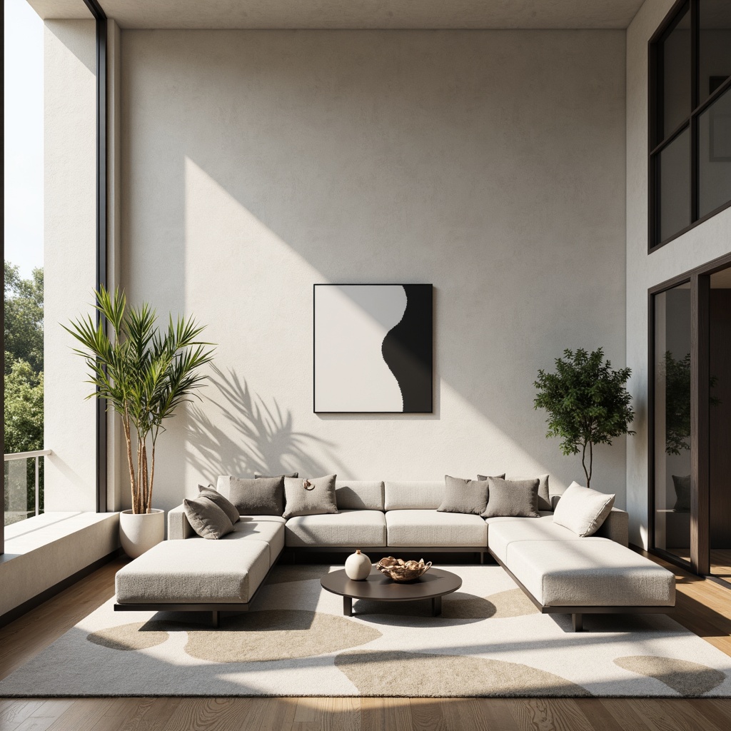 Prompt: Monochromatic living room, sleek low-profile sofa, minimalist coffee table, geometric patterned rug, floor-to-ceiling windows, natural light pouring in, subtle textures, soft beige walls, industrial chic metal accents, modern abstract artwork, sparse greenery, airy atmosphere, shallow depth of field, 1/1 composition, realistic rendering, ambient occlusion.