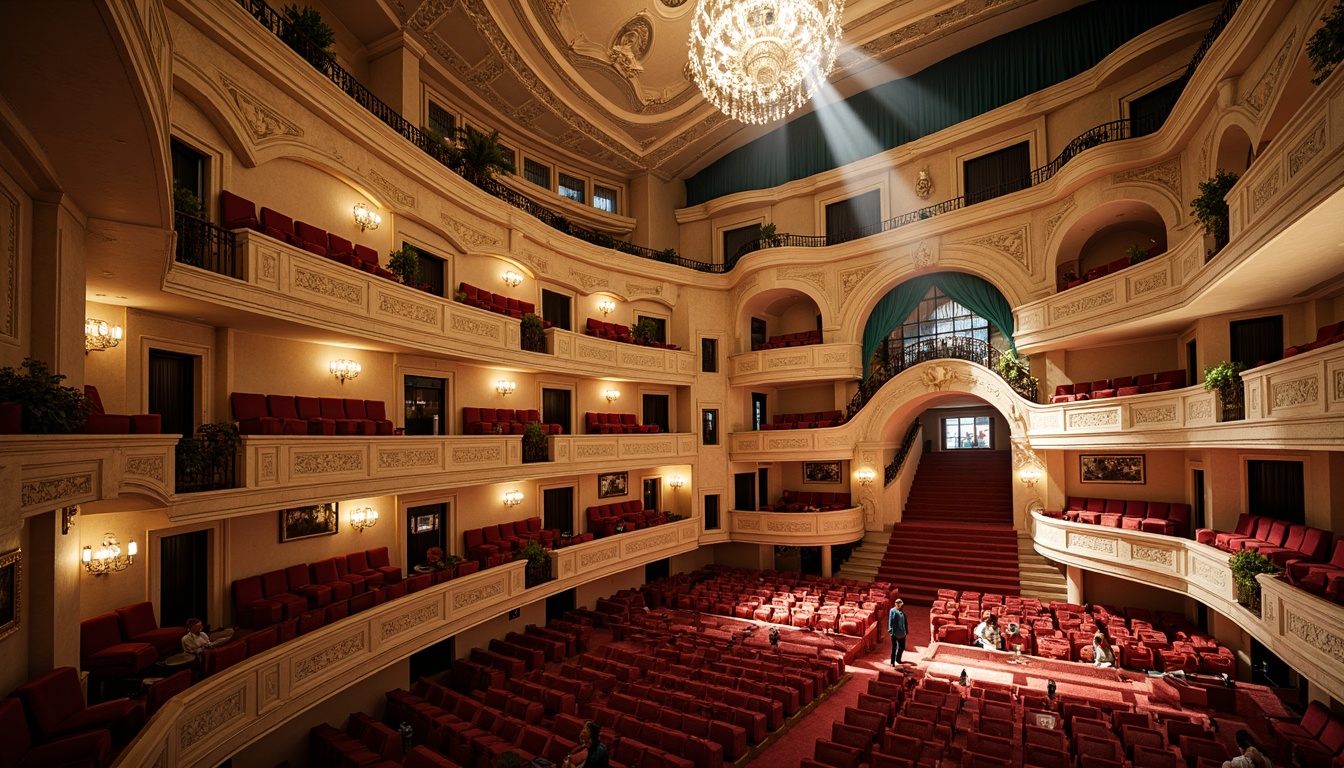 Prompt: Intimate opera house interior, Mediterranean Revival architecture, ornate details, grand staircases, sweeping curves, warm beige stone walls, rich wood accents, plush red velvet seats, gilded balconies, ornamental metalwork, crystal chandeliers, soft warm lighting, shallow depth of field, 1/1 composition, realistic textures, ambient occlusion, subtle sound reflections, resonant acoustics, precise sound localization, immersive audio experience, majestic high ceilings, intricate moldings, luxurious fabrics, vibrant turquoise accents, sunny day, soft natural light.