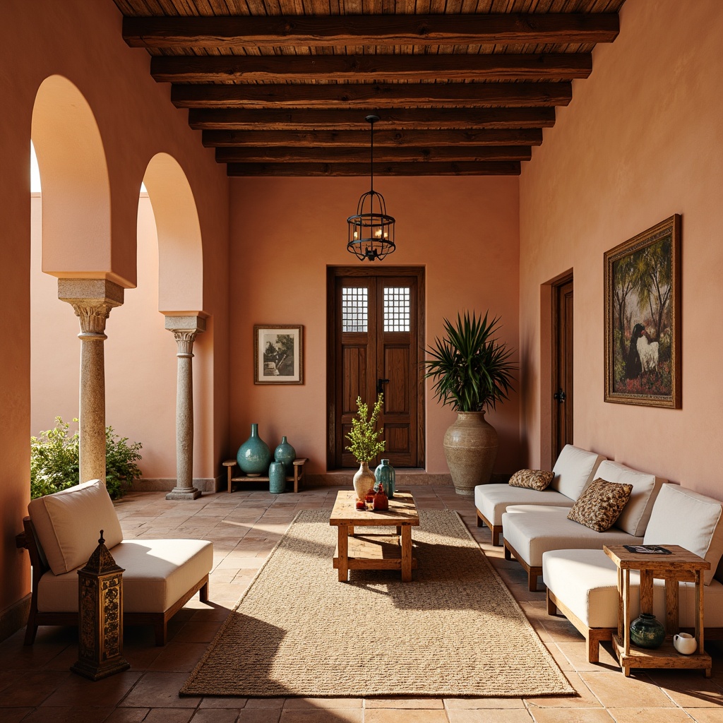 Prompt: Warm terracotta walls, creamy white accents, rich turquoise ceramics, natural wood furniture, woven jute rugs, ornate metal lanterns, distressed wooden beams, earthy clay vases, vintage Moroccan tiles, sun-kissed stone floors, soft golden lighting, shallow depth of field, 1/1 composition, atmospheric perspective, warm color grading, realistic textures.