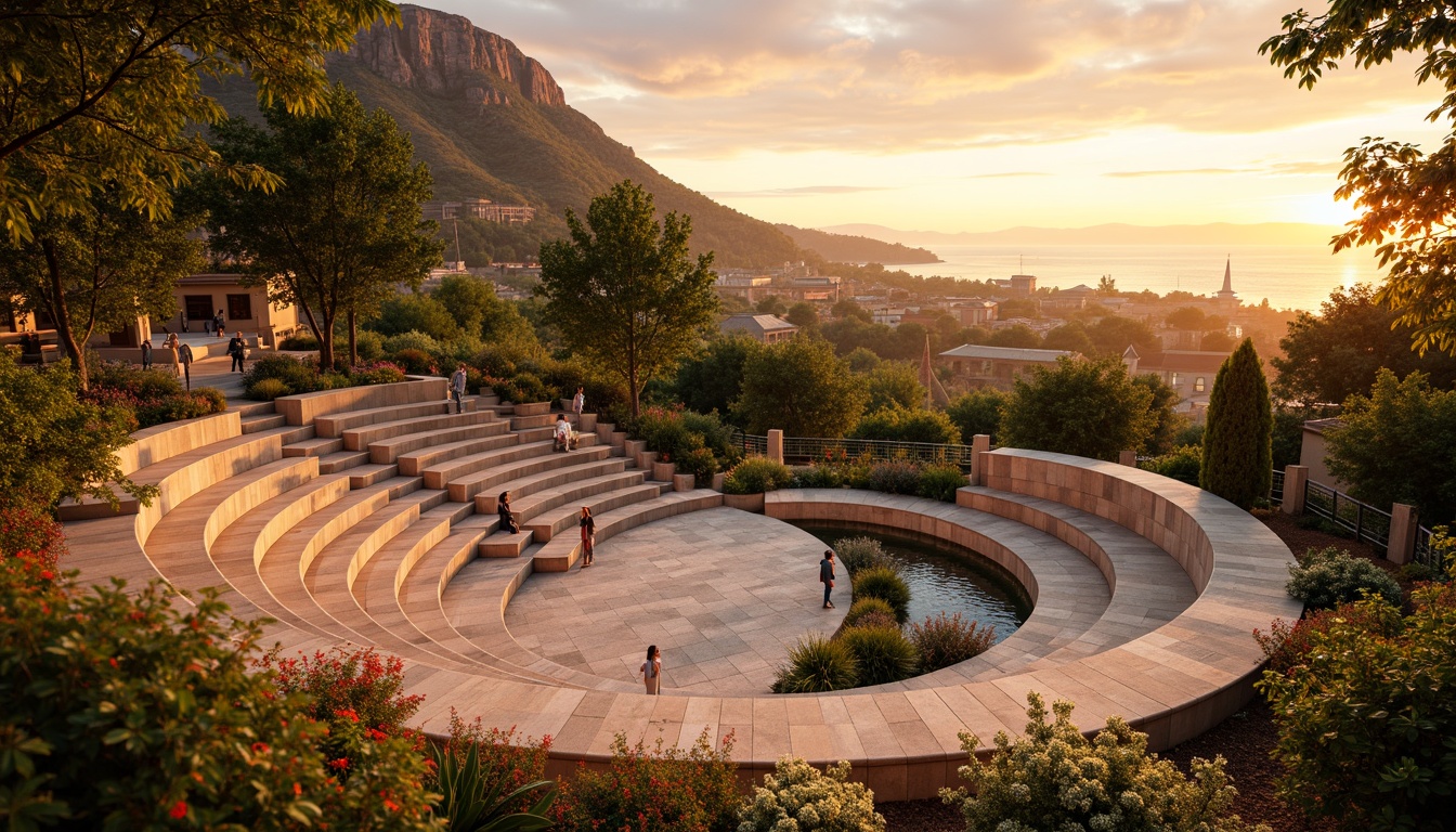 Prompt: Vibrant outdoor amphitheater, sunset hues, warm beige stone seating, lush greenery, blooming flowers, tranquil water features, soft golden lighting, dramatic spotlights, 1/2 composition, shallow depth of field, realistic textures, ambient occlusion.