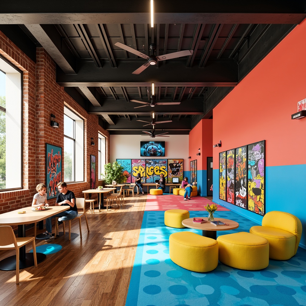 Prompt: Vibrant youth center, energetic atmosphere, bold color scheme, bright coral walls, electric blue accents, sunny yellow furniture, playful polka dots, modern geometric patterns, urban graffiti murals, industrial metal beams, reclaimed wood floors, cozy reading nooks, flexible seating areas, collaborative workspaces, interactive technology installations, natural daylight pouring in, soft warm lighting, shallow depth of field, 1/2 composition, realistic textures, ambient occlusion.