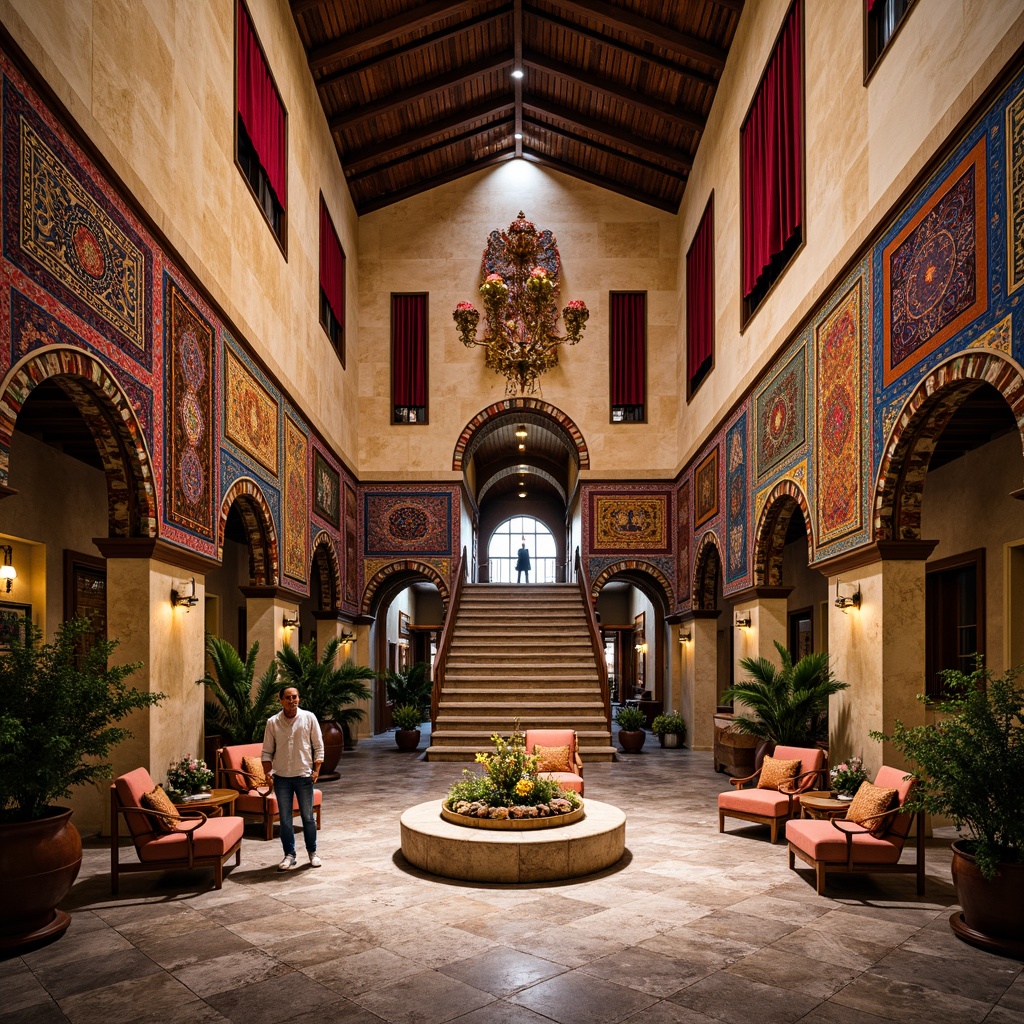 Prompt: Vibrant cultural center, eclectic mix of patterns, richly textured fabrics, bold color blocking, intricately woven tapestries, Moroccan-inspired tiles, plush velvet drapes, ornate wooden carvings, exotic plant arrangements, natural stone flooring, dramatic archways, grand staircase, luxurious chandeliers, warm golden lighting, shallow depth of field, 1/1 composition, realistic textures, ambient occlusion.