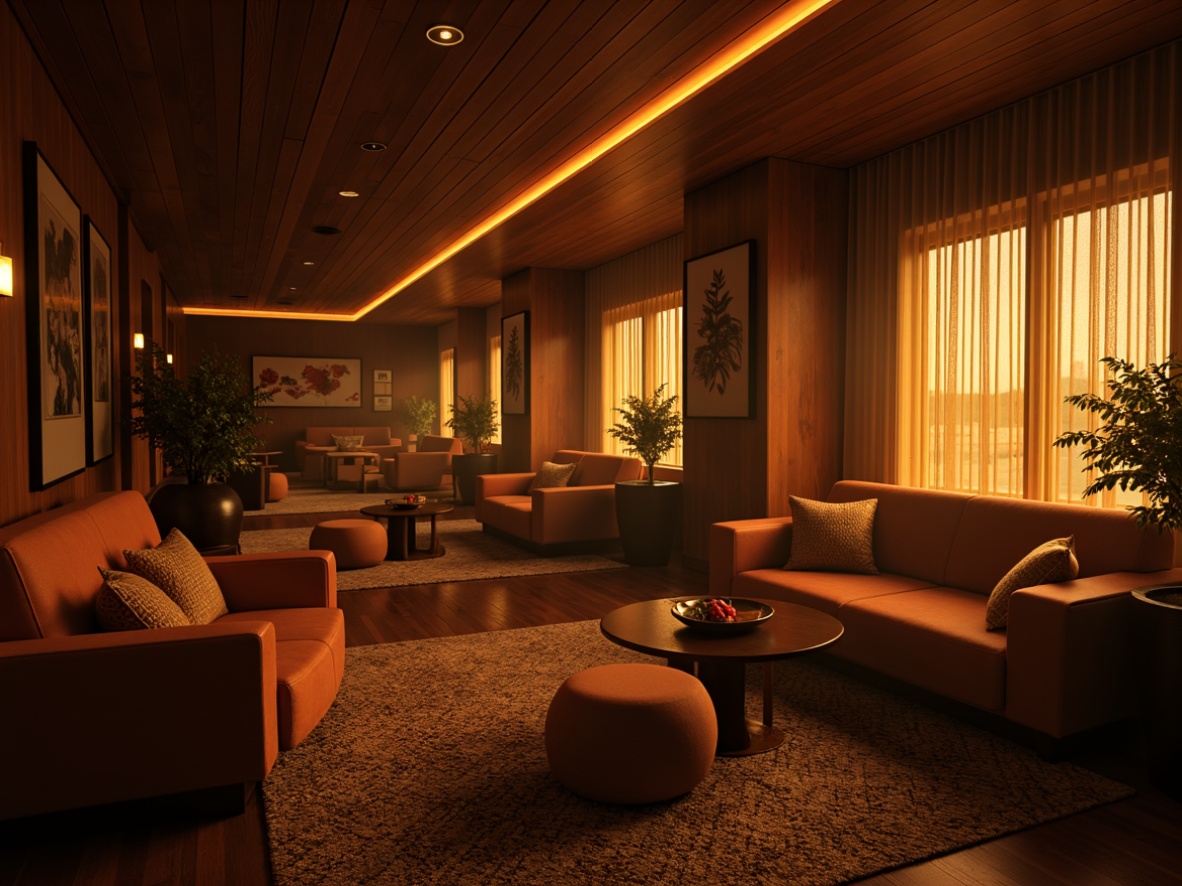 Prompt: Cozy lounge atmosphere, warm golden lighting, soft shadows, plush furniture, textured rugs, dimmable floor lamps, table lamps, pendant lights, LED strip lights, color-changing ambiance, romantic mood, intimate setting, luxurious decor, rich wood tones, velvety fabrics, subtle gradient effects, cinematic lighting, 3-point lighting setup, high-contrast ratio, dramatic shadows, warm color temperatures, comfortable seating areas, relaxed vibe, evening ambiance.