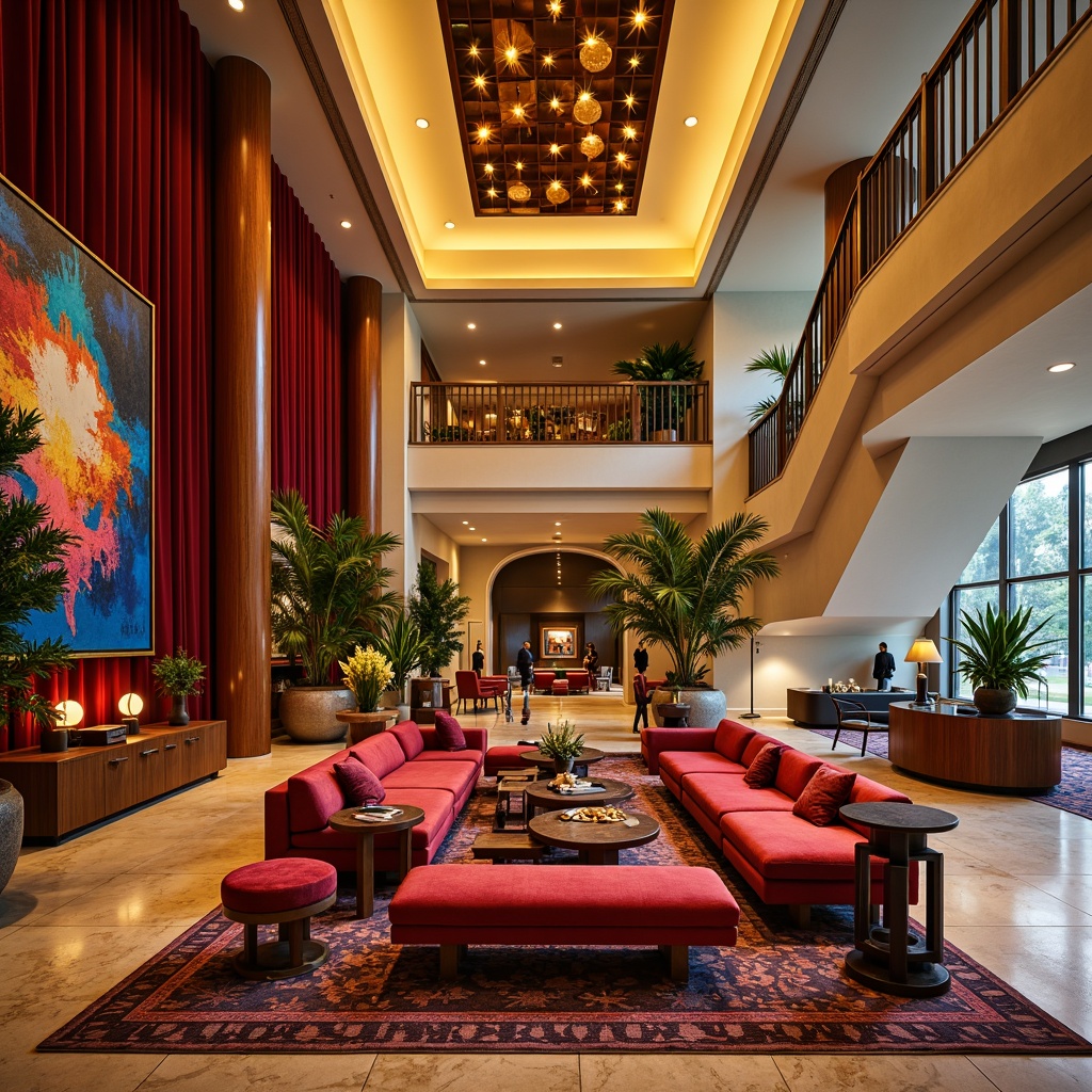 Prompt: Vibrant hotel lobby, bold geometric patterns, rich jewel-toned furnishings, warm golden lighting, plush velvet fabrics, metallic accents, abstract expressionist artwork, eclectic decorative objects, luxurious marble floors, grand staircases, curved lines, whimsical furniture designs, warm beige walls, tropical plants, natural wood textures, cozy reading nooks, intimate seating areas, dramatic ceiling fixtures, warm inviting ambiance, soft focus photography, 1/2 composition, moody color grading.