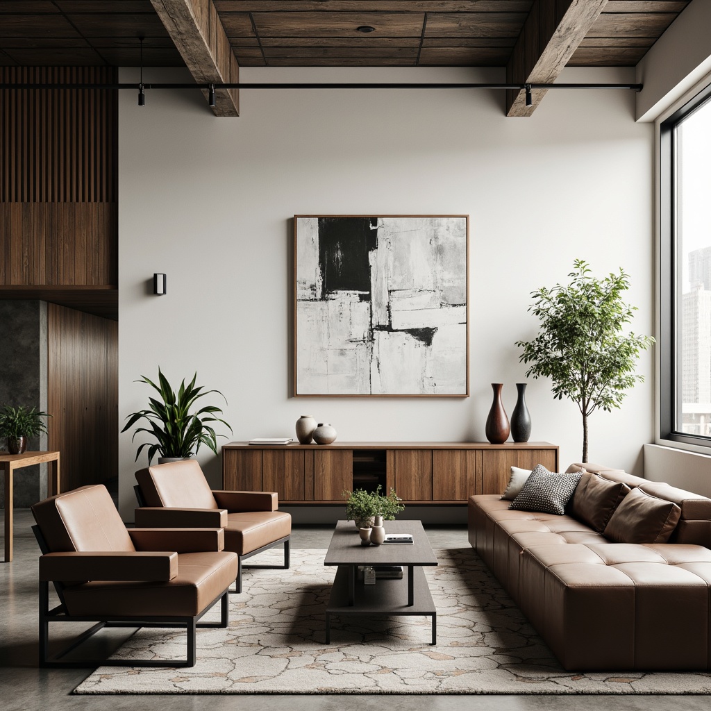 Prompt: Minimalist living room, functional furniture, sleek lines, rectangular shapes, industrial materials, leather armchairs, steel coffee tables, wooden sideboards, geometric patterns, monochromatic color scheme, natural light, high ceilings, large windows, urban loft atmosphere, abstract artwork, modern sculptures, 3/4 composition, shallow depth of field, soft warm lighting.