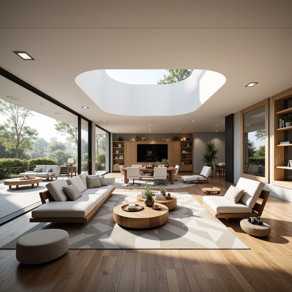 Prompt: Open-plan living room, sleek modern furniture, minimalist decor, free-flowing layout, curved lines, smooth transitions, abundant natural light, floor-to-ceiling windows, sliding glass doors, polished hardwood floors, comfortable seating areas, circular coffee table, geometric-patterned rug, functional shelving units, airy atmosphere, warm color scheme, 1/1 composition, shallow depth of field, softbox lighting, subtle shadows.