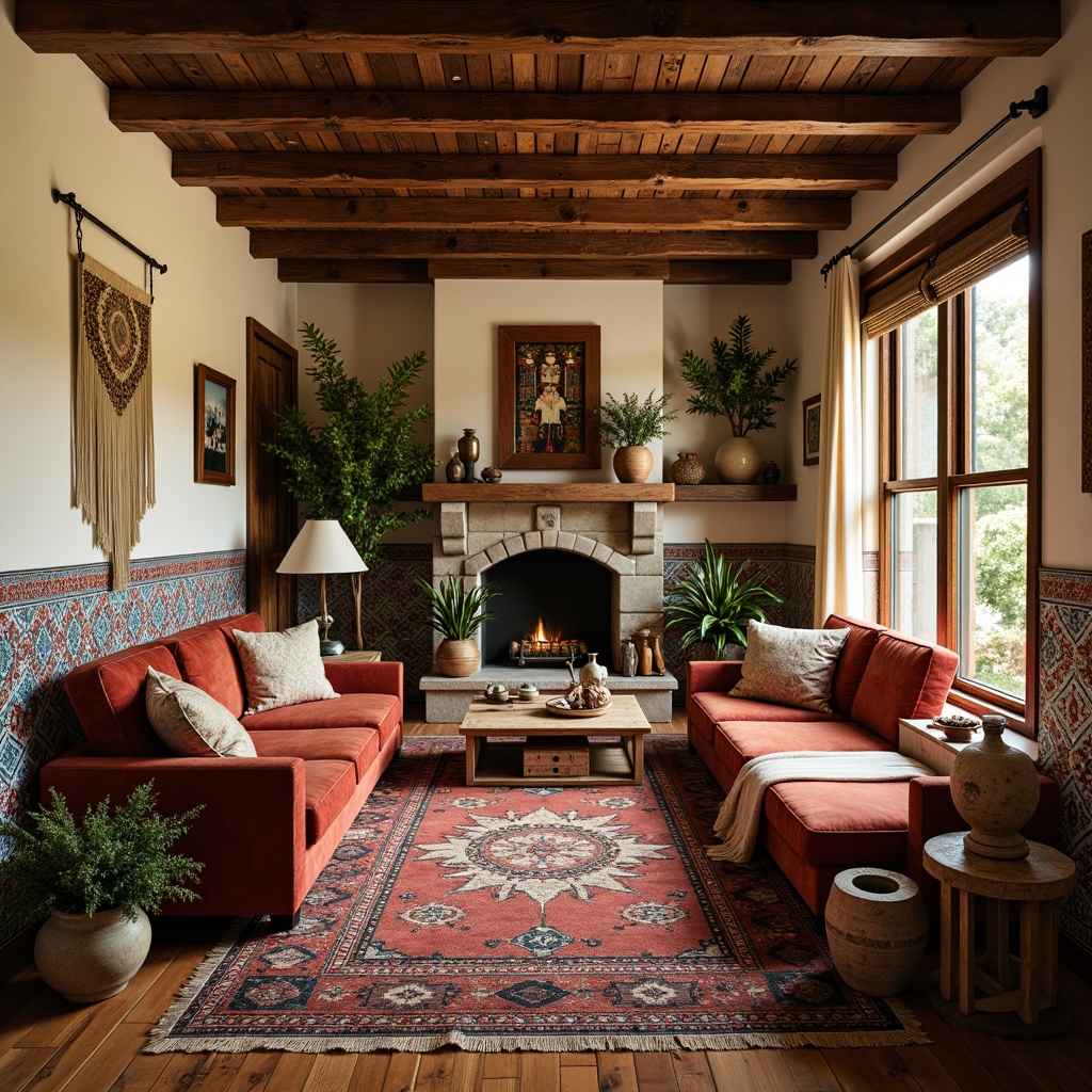 Prompt: Whimsical bohemian living room, vintage Moroccan tiles, plush velvet sofas, eclectic mix of patterns, colorful kilim rugs, distressed wood coffee tables, macrame wall hangings, lush greenery, natural stone fireplaces, warm golden lighting, shallow depth of field, 1/1 composition, soft focus, realistic textures, ambient occlusion.