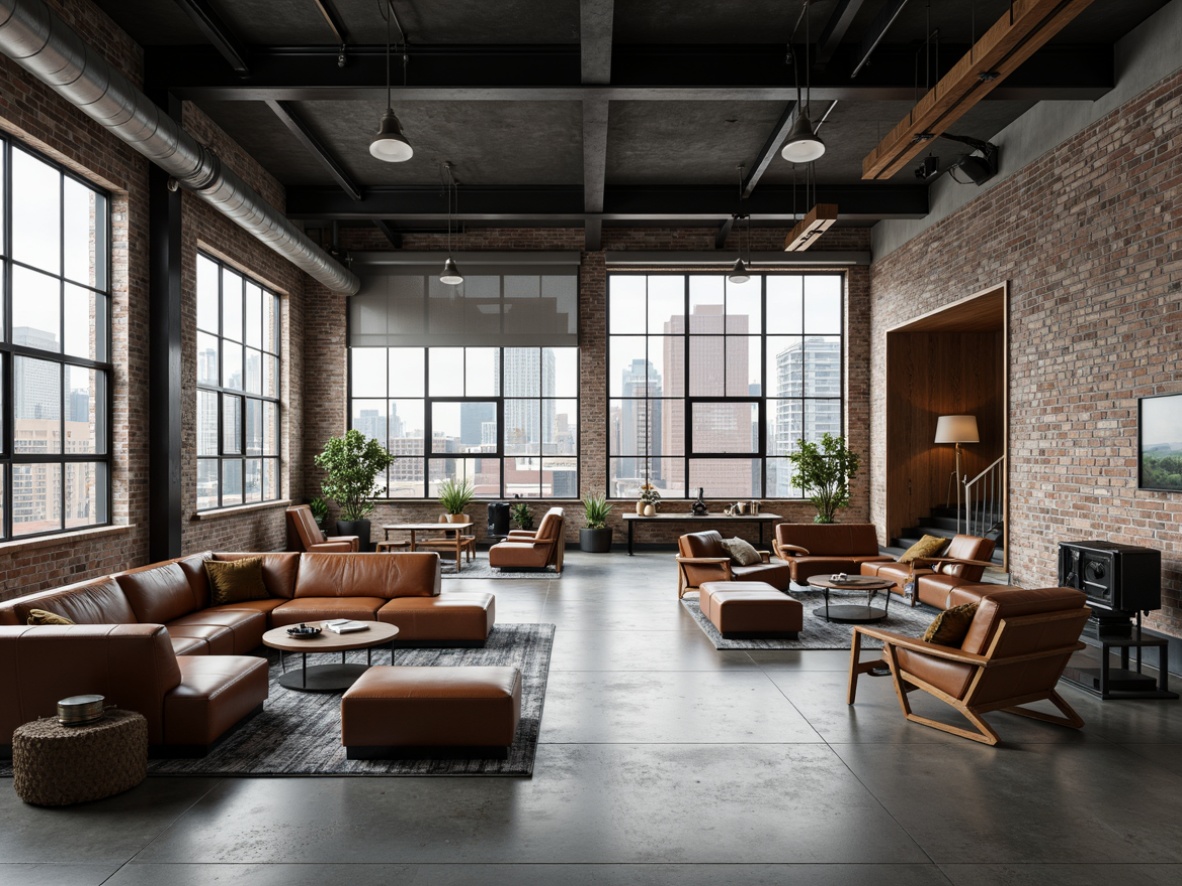 Prompt: Industrial-style building, exposed brick walls, steel beams, polished concrete floors, minimalist decor, functional furniture, primary color schemes, geometric shapes, clean lines, open floor plans, abundant natural light, large windows, metal frames, sleek handles, leather upholstery, industrial-chic lighting, urban cityscape, cloudy day, high contrast, dramatic shadows, 1/1 composition, low-angle shot, moody atmosphere.