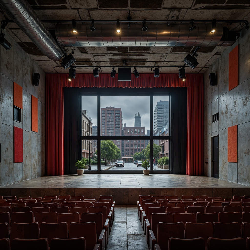 Prompt: Brutalist theater interior, raw concrete walls, exposed ductwork, industrial metal beams, minimalist stage design, bold color accents, rich velvet curtains, distressed leather seats, metallic lighting fixtures, dramatic spotlights, urban cityscape views, gloomy rainy day, high-contrast cinematic lighting, shallow depth of field, 1/1 composition, realistic textures, ambient occlusion.