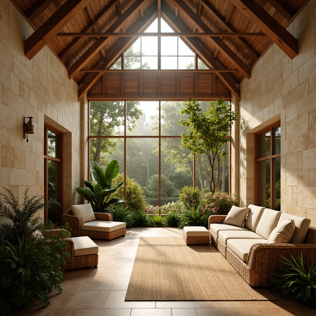 Prompt: Vaulted ceilings, stone walls, wooden accents, natural fibers, woven rattan furniture, lush greenery, exotic flowers, tropical plants, warm beige tones, soft golden lighting, large windows, clerestory openings, diffused sunlight, gentle shadows, peaceful ambiance, serene atmosphere, minimalist decor, rustic wood textures, earthy color palette, warm humid climate, misty morning light, shallow depth of field, 1/1 composition, realistic render.