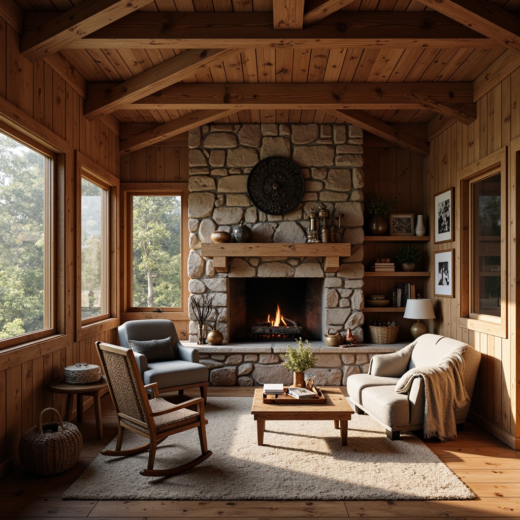 Prompt: Rustic wooden cabin, natural stone fireplace, earthy color palette, vintage metal accents, distressed wood textures, plush throw blankets, comfortable oversized armchairs, wooden rocking chairs, woven wicker baskets, antique decorative items, soft warm lighting, shallow depth of field, 3/4 composition, realistic wood grain textures, ambient occlusion.