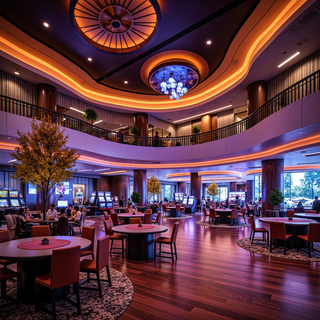 Prompt: Vibrant casino interior, open layout design, Bauhaus-inspired architecture, bold geometric patterns, metallic accents, neon lights, luxurious textiles, curved lines, minimalist decor, high ceilings, grand chandeliers, lavish furnishings, rich wood tones, dynamic lighting effects, cinematic ambiance, shallow depth of field, 1/1 composition, wide-angle shot, realistic reflections, ambient occlusion.