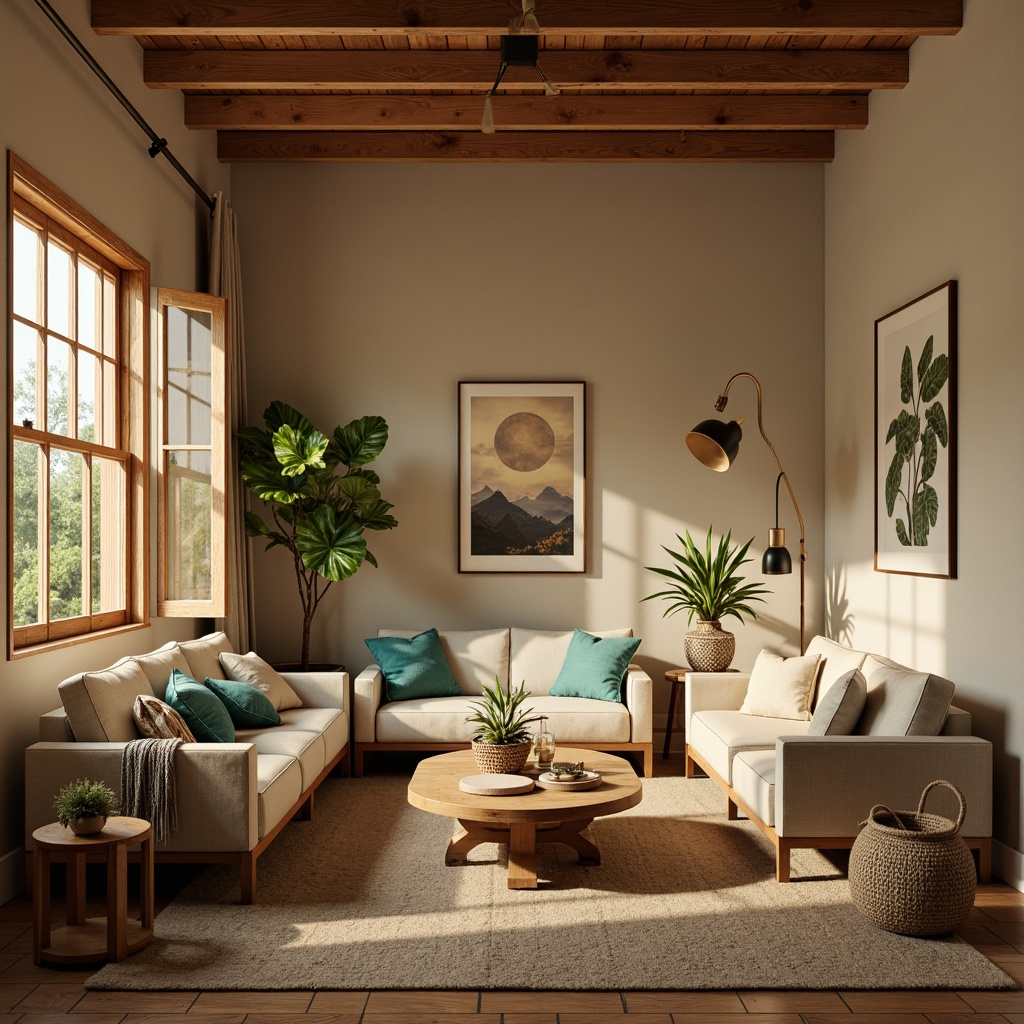 Prompt: Harmonious living room, earthy tone walls, rich wood furniture, soft beige upholstery, calming turquoise accents, natural textiles, woven baskets, warm golden lighting, cozy atmosphere, 3/4 composition, shallow depth of field, realistic rendering, ambient occlusion.