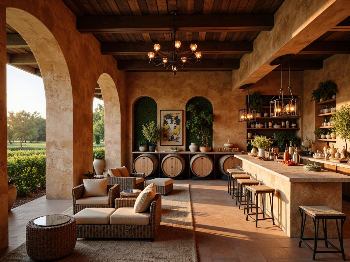 Prompt: Earth-toned winery interior, rustic wooden accents, distressed stone walls, warm terracotta flooring, natural fiber textiles, woven wicker furniture, curved archways, ornate metalwork, vintage wine barrels, Mediterranean-inspired ceramics, ambient candlelight, soft warm color palette, earthy scents, organic materials, recycled glass countertops, living green walls, reclaimed wood shelving, artisanal lighting fixtures, cozy nooks, intimate gathering spaces, panoramic vineyard views, warm golden hour lighting, shallow depth of field, 1/1 composition.