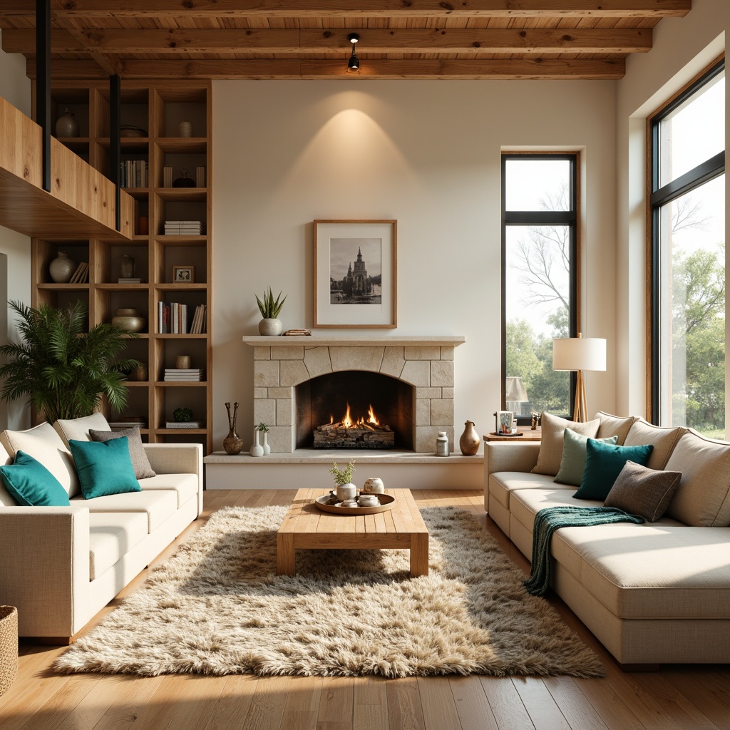 Prompt: Cozy living room, warm beige walls, rich wood accents, soft cream furniture, plush area rugs, vibrant turquoise decorative pillows, natural stone fireplace, modern minimalist decor, large windows, abundant sunlight, gentle warm lighting, shallow depth of field, 2/3 composition, realistic textures, ambient occlusion.