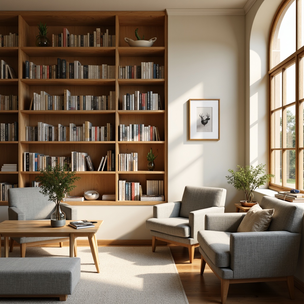 Prompt: Cozy bookstore, warm wood shelves, soft cream walls, natural light filtering, comfortable reading nooks, plush armchairs, minimalist decor, subtle color blocking, earthy tone book spines, creamy whites, gentle beiges, muted blues, warm golden lighting, shallow depth of field, 1/1 composition, realistic textures, ambient occlusion.