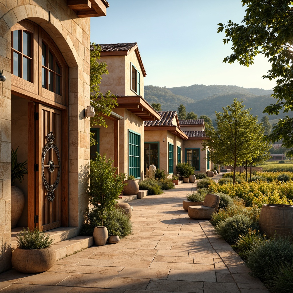 Prompt: Warm Mediterranean winery, rustic stone buildings, earthy terracotta roofs, lush green vines, golden sun-kissed fields, turquoise accents, warm beige walls, distressed wood doors, wrought iron decor, soft creamy lighting, shallow depth of field, 2/3 composition, panoramic view, realistic textures, ambient occlusion, warm color palette, earthy tones, rich wood textures, natural stone floors, elegant archways, ornate metalwork.