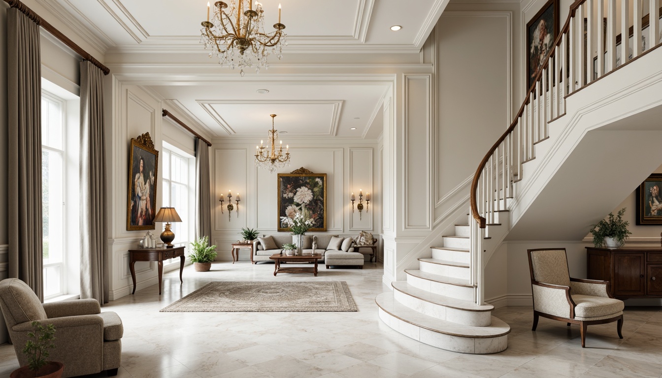 Prompt: Timeless elegant mansion, monochrome color scheme, neutral tones, creamy whites, soft grays, taupe accents, luxurious marble floors, ornate moldings, grand staircases, crystal chandeliers, opulent furnishings, velvet drapes, intricate patterns, subtle textures, warm soft lighting, shallow depth of field, 1/1 composition, realistic render, ambient occlusion.