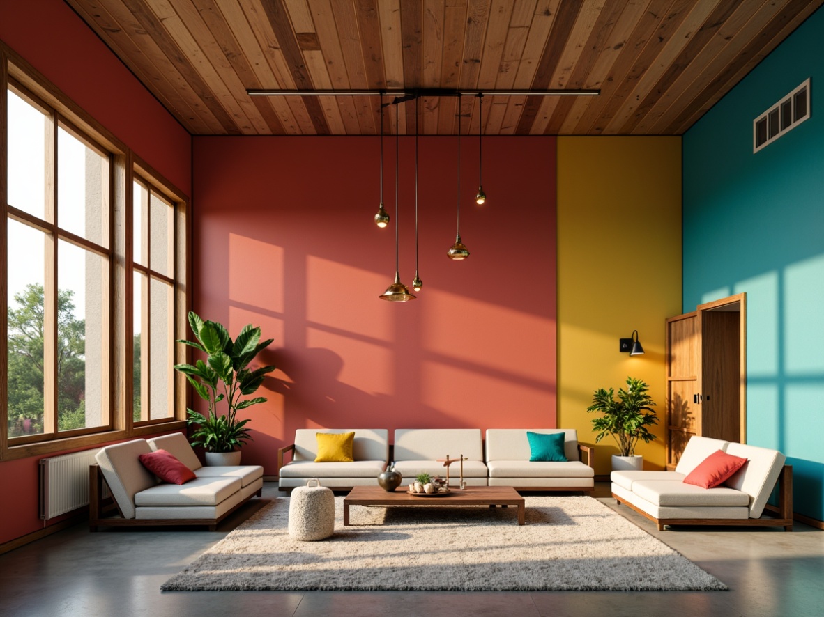 Prompt: Vibrant modern interior, bold accent walls, rich wood furniture, pops of bright coral, deep turquoise, and sunny yellow, sleek metal lighting fixtures, plush area rugs, natural stone flooring, floor-to-ceiling windows, minimalist decor, soft warm glow, 1/2 composition, shallow depth of field, realistic textures, ambient occlusion.