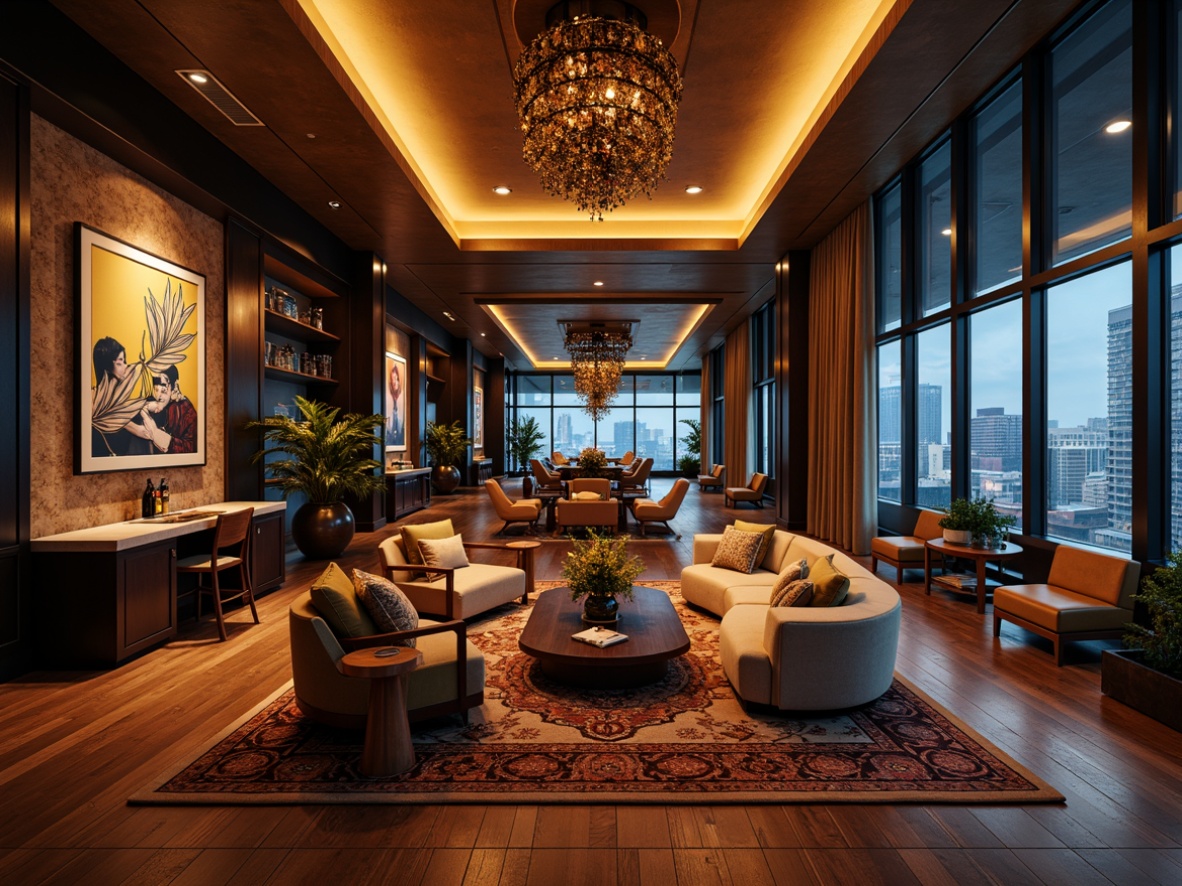 Prompt: Luxurious penthouse interior, dramatic high ceilings, expansive windows, cityscape views, sleek metal beams, rich wood accents, bold color schemes, eclectic artwork, ornate chandeliers, floor-to-ceiling curtains, plush area rugs, lavish furniture, moody atmospheric lighting, warm golden glow, spotlight accents, LED strip lights, ambient shadows, 1/1 composition, low-key contrast, cinematic mood, stylized reflections, detailed textures.