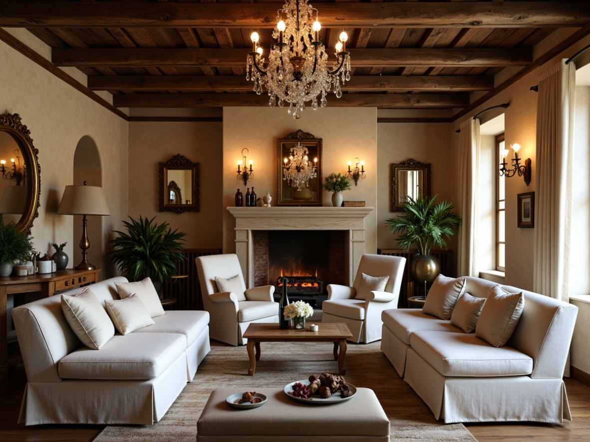 Prompt: Rustic French country estate, soft warm lighting, candelabras, crystal chandeliers, iron lanterns, wooden beams, distressed finishes, vintage metalware, ornate mirrors, luxurious fabrics, velvet drapes, linen upholstery, natural stone fireplaces, brick archways, earthy color palette, warm beige tones, creamy whites, rich wood accents, subtle shadows, soft focus, 1/2 composition, intimate atmosphere, romantic ambiance.