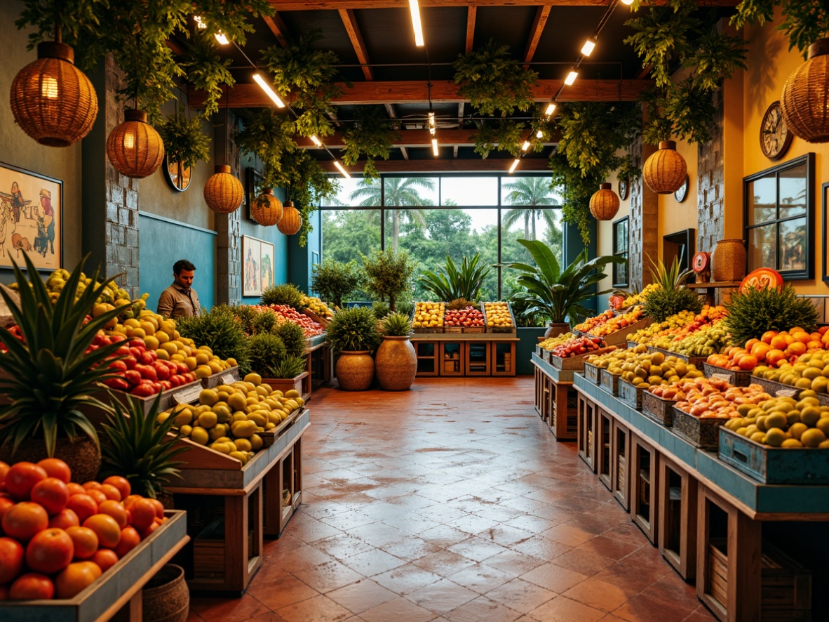 Prompt: Vibrant tropical grocery store, exotic fruit stands, colorful ceramic tiles, terracotta flooring, natural stone accents, wooden crates, woven baskets, lush greenery, tropical plants, warm lighting, shallow depth of field, 3/4 composition, realistic textures, ambient occlusion.