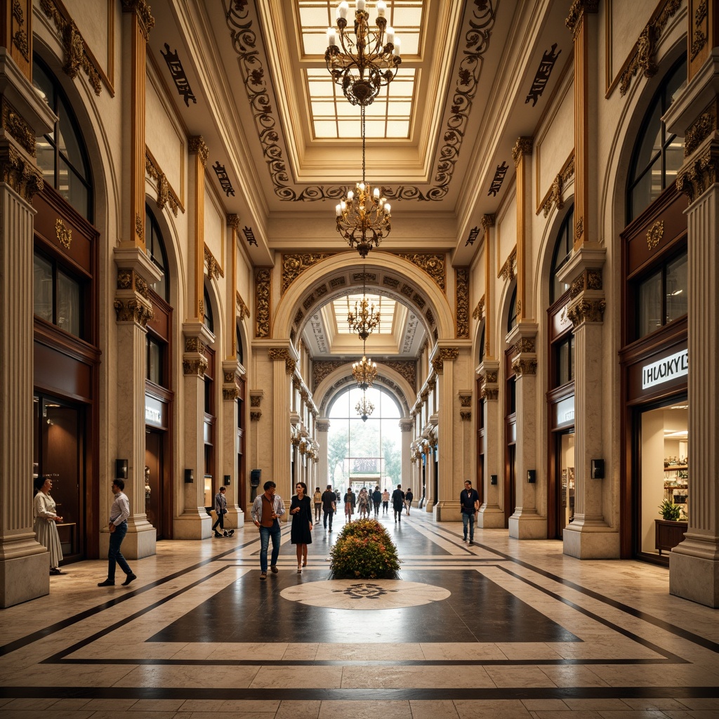 Prompt: Elegant shopping center, grand entrance, ornate columns, neoclassical architecture, high ceilings, marble floors, intricate moldings, gilded details, sophisticated lighting fixtures, luxurious retail spaces, refined storefronts, upscale ambiance, busy pedestrian traffic, dynamic cityscape, warm afternoon light, shallow depth of field, 1/2 composition, symmetrical framing, realistic textures, ambient occlusion.