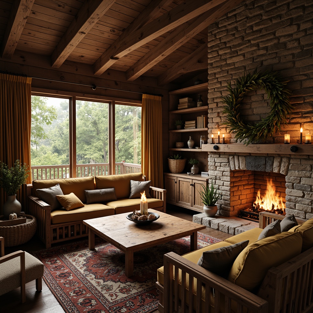 Prompt: Rustic wooden cabin, earthy tones, natural textures, vintage metal accents, distressed wood finishes, plush velvet upholstery, woven wicker furniture, candlelit ambiance, warm cozy atmosphere, nature-inspired decorative elements, pinecone adornments, forest greenery views, crackling fireplace, soft golden lighting, shallow depth of field, 1/2 composition, rustic country charm, earthy color palette.