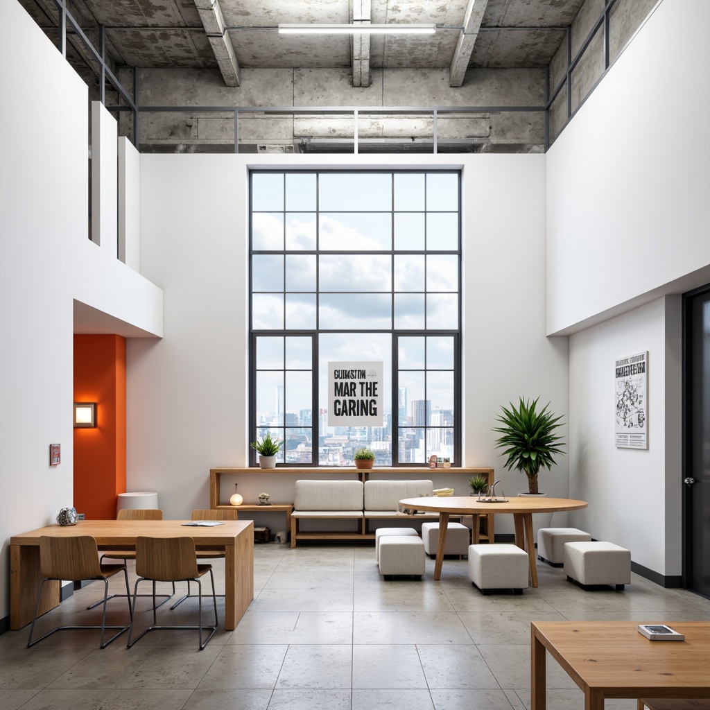 Prompt: Simple white walls, clean lines, functional furniture, industrial materials, bold typography, primary color accents, geometric shapes, sparse decoration, ample natural light, open floor plans, collaborative workspaces, modern urban settings, cloudy skies, soft diffused lighting, high contrast ratios, 2/3 composition, symmetrical framing, realistic renderings, subtle texture overlays.