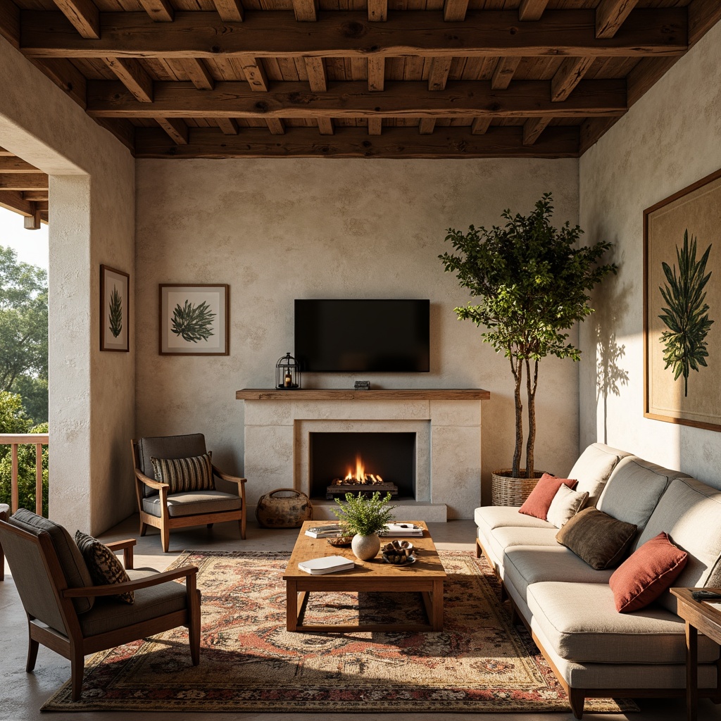 Prompt: Cozy living room, natural stone walls, wooden beams, rustic furniture, earthy color palette, woven textiles, vintage decor, distressed wood accents, soft warm lighting, layered rugs, plush sofas, armchairs, side tables, lantern-style lamps, greenery, botanical prints, earthy scents, shallow depth of field, 1/1 composition, realistic textures, ambient occlusion.