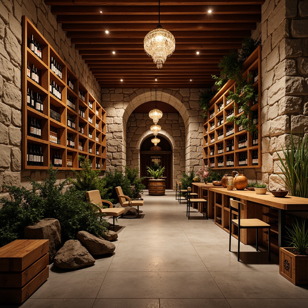 Prompt: Vibrant wine cellar, eclectic style, rustic stone walls, reclaimed wood accents, ornate metalwork, rich wood tones, soft warm lighting, dimmable LED strips, pendant lamps, crystal chandeliers, floor-to-ceiling shelving, wooden crates, wine barrels, modern minimalist chairs, lush greenery, natural rock formations, ambient candlelight, shallow depth of field, 1/1 composition, realistic textures, ambient occlusion.