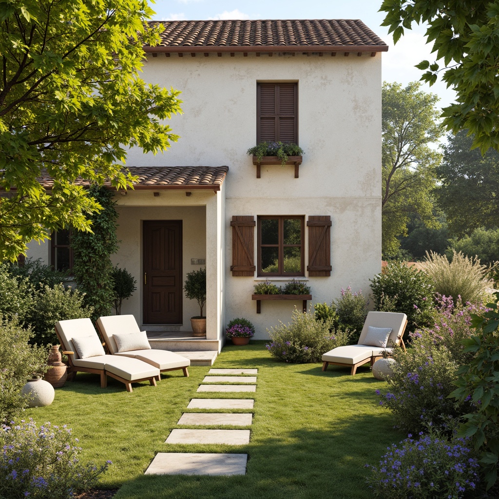 Prompt: Rustic French country cottage, soft creamy whites, warm beige tones, distressed wood accents, vintage metalware, ornate stone carvings, lush greenery, blooming wildflowers, sunny afternoon, soft warm lighting, shallow depth of field, 3/4 composition, panoramic view, realistic textures, ambient occlusion.