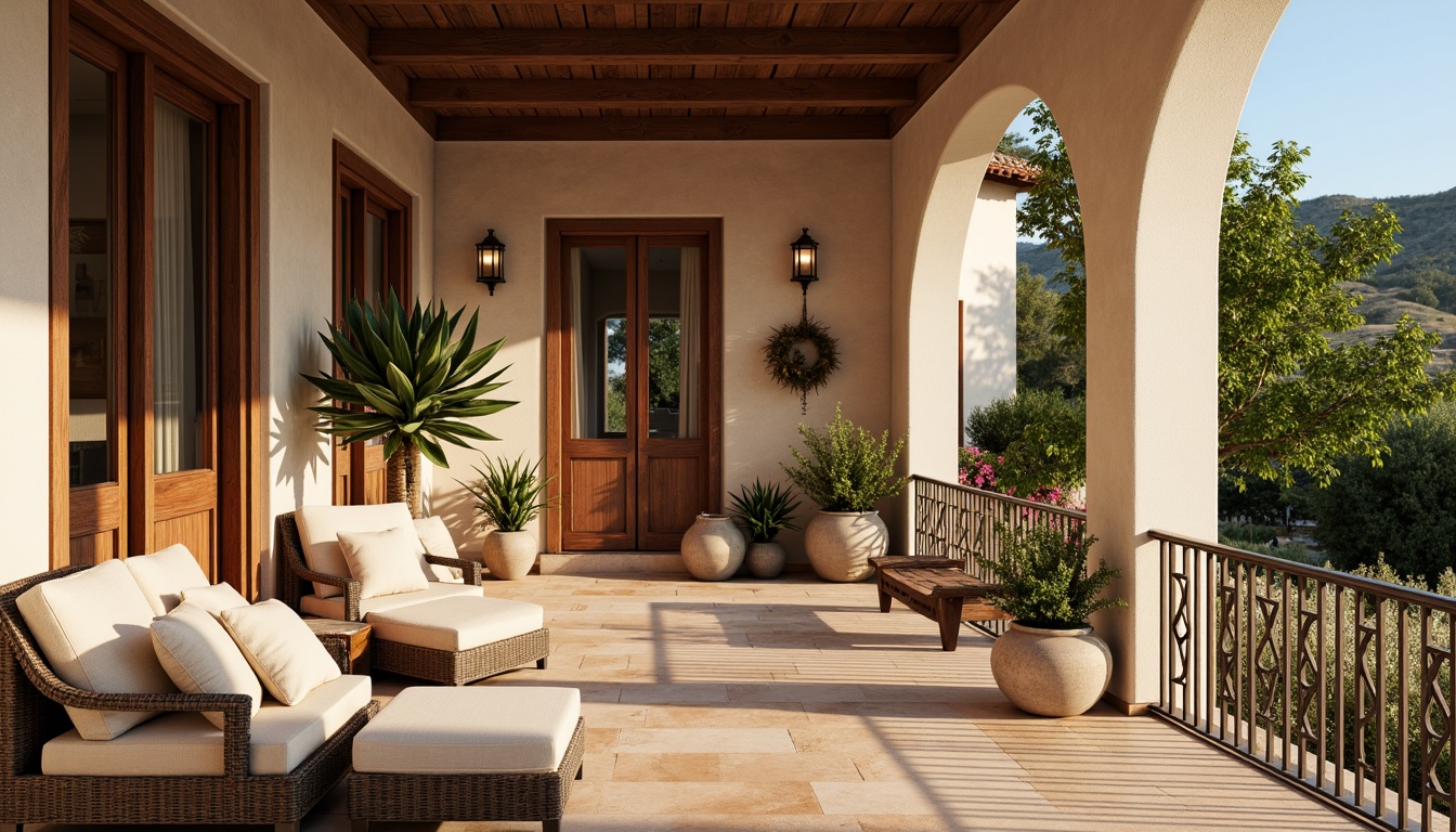 Prompt: Warm Mediterranean villa, rustic stone walls, curved archways, wrought iron balconies, ornate tiles, distressed wood furniture, plush cushions, natural linen fabrics, earthy terracotta pots, lush greenery, blooming flowers, sunny day, soft warm lighting, shallow depth of field, 3/4 composition, panoramic view, realistic textures, ambient occlusion.